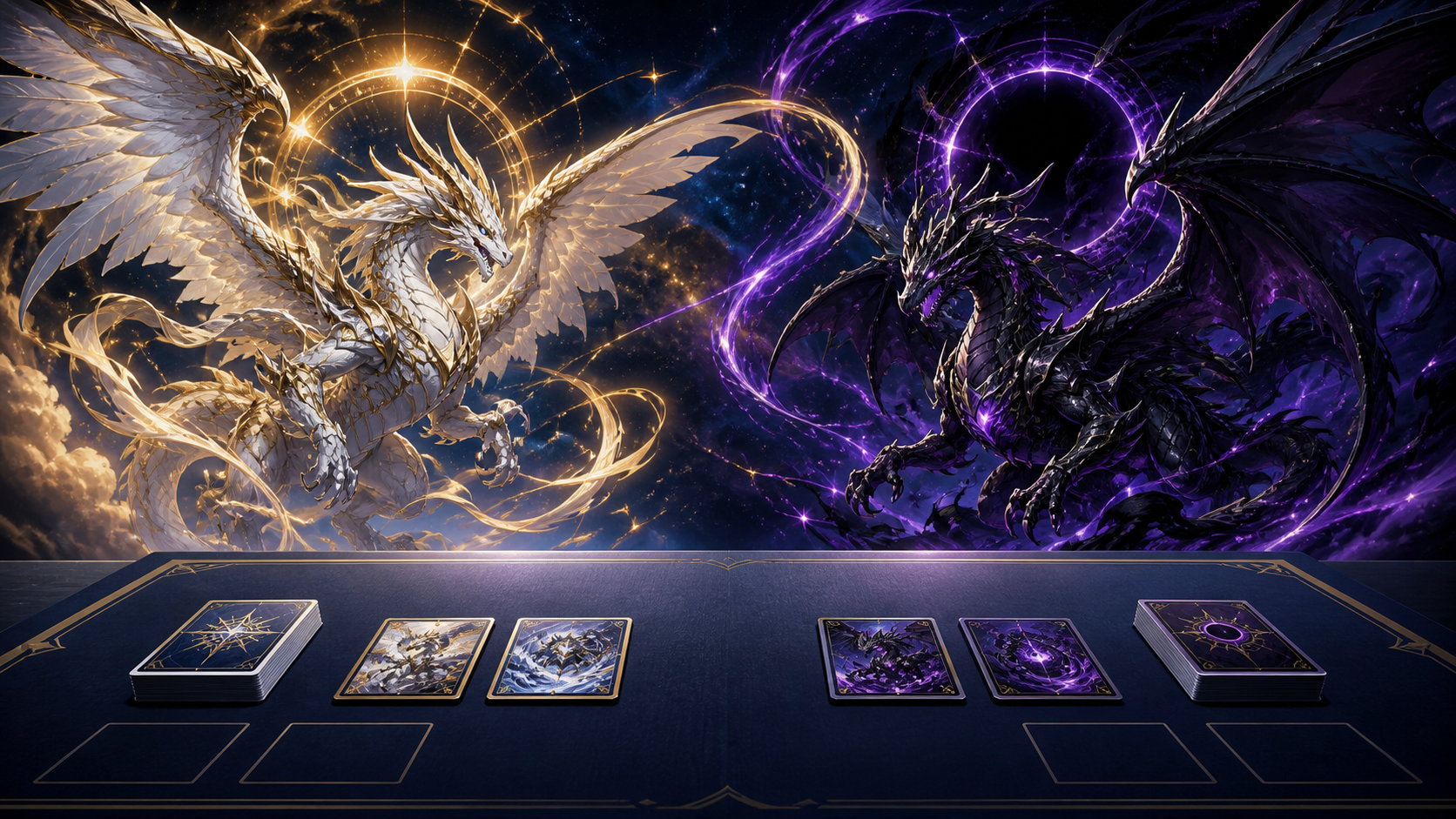 光をまとう伝説級の架空のドラゴンとトレーディングカードの対戦卓