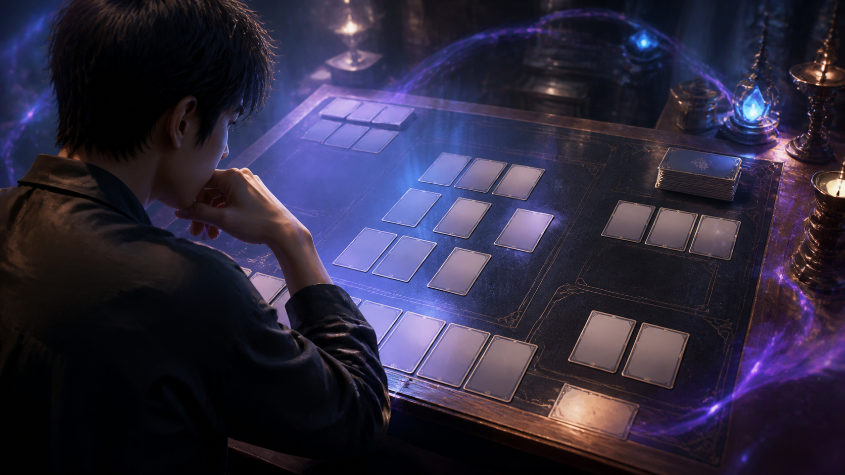 対戦終盤の盤面を見つめるプレイヤーと幻想的なカードゲーム演出