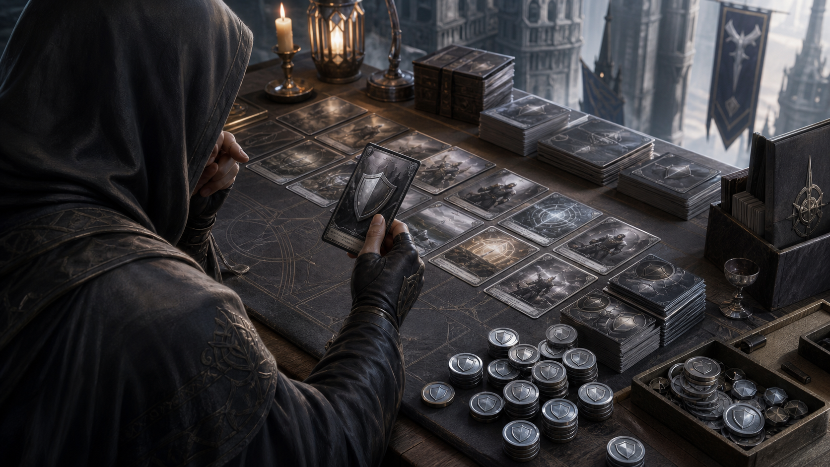 守備的なデッキ構築を確認するカードゲームの作業机