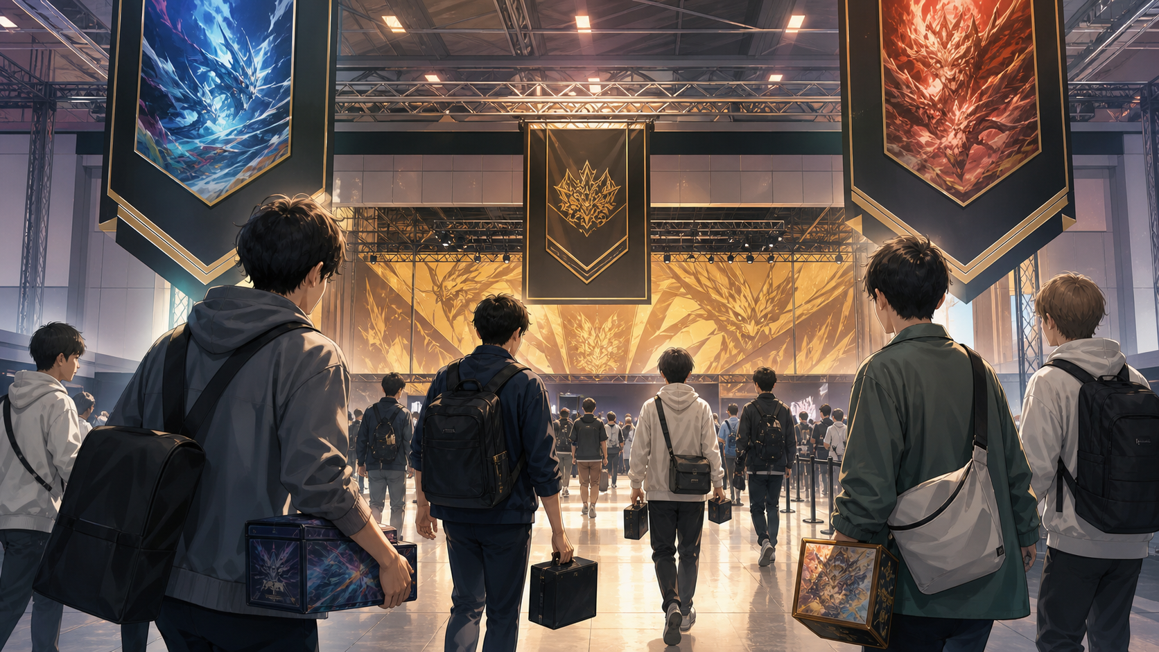 競技会場へ向かうカードゲームプレイヤーを表す明るいイメージ
