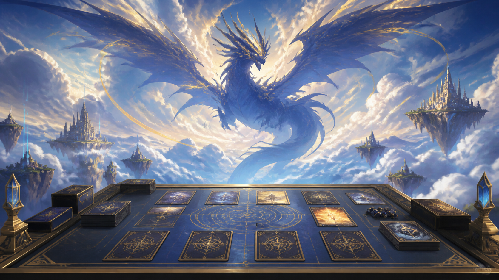 空を飛ぶ架空の竜とエネルギーを描くカードゲームの戦略イラスト