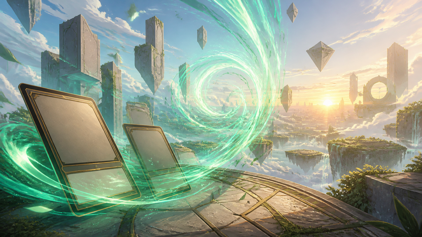 雲海を駆ける架空の緑色の龍とカードゲームのエネルギーを描いた壮大なビジュアル
