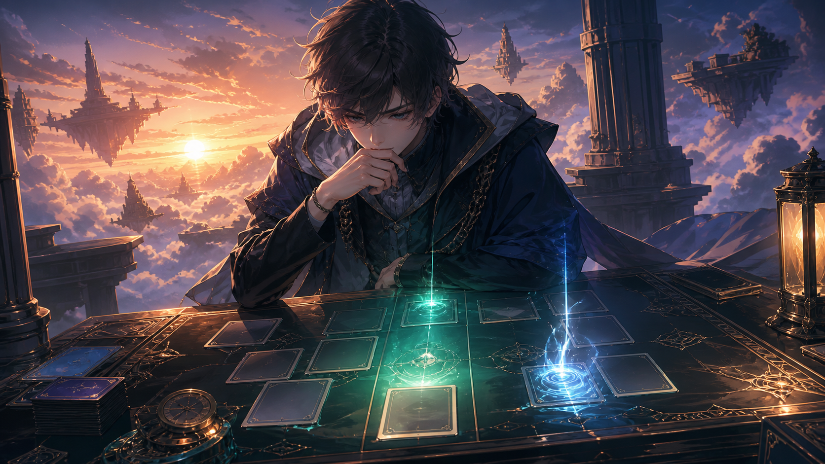 空をテーマにしたトレーディングカード大会で盤面を読むプレイヤー