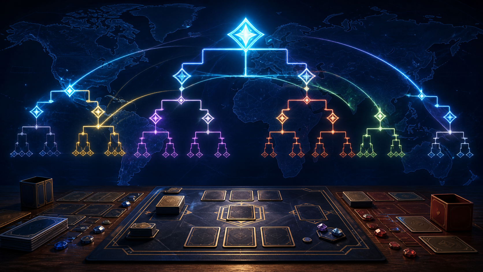 世界地図とトーナメントブラケットを想起させるカードゲームの演出