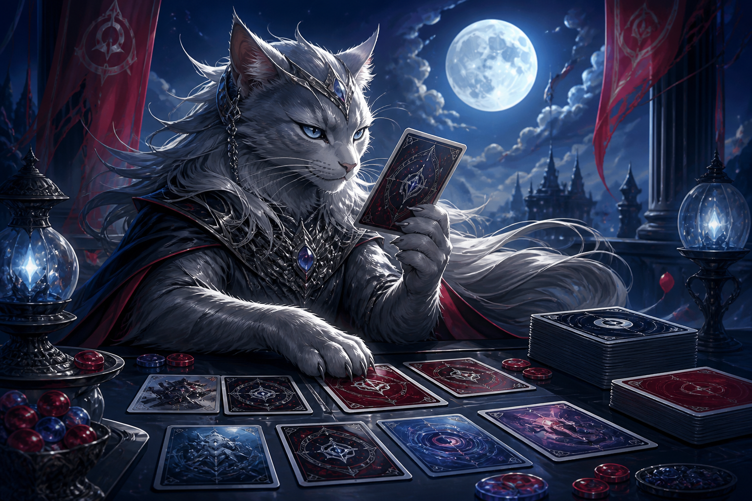 銀色の架空の猫科生物とカードゲームの戦略盤面