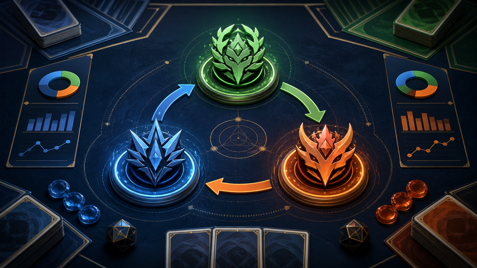 3つの構築の相性を表す抽象的なカードゲーム盤面