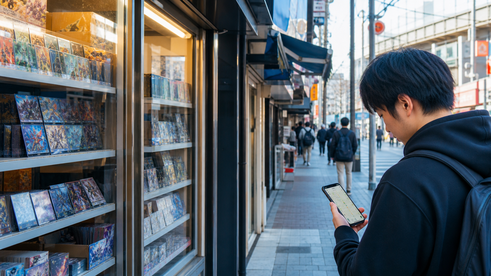 駅近くのカードショップを探す街並みのイメージ