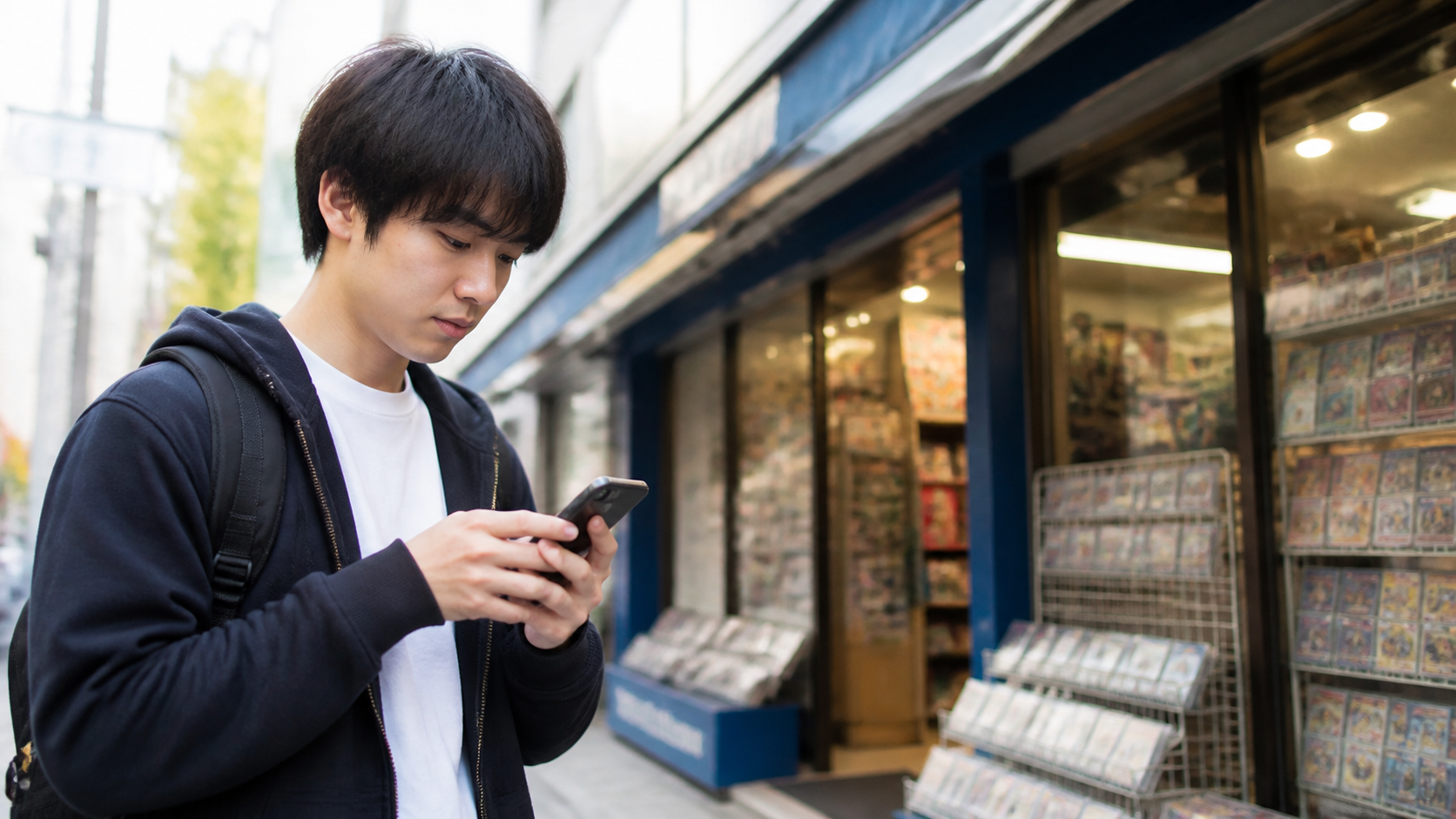 来店前にカード価格を比べる手元